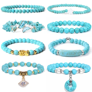 2024 New Blue Turquoises Stone Bracelet Fashion Bohemian Green Blue Turquois Charm Bangle Handmade Healing Energy Jewelry Gift 1