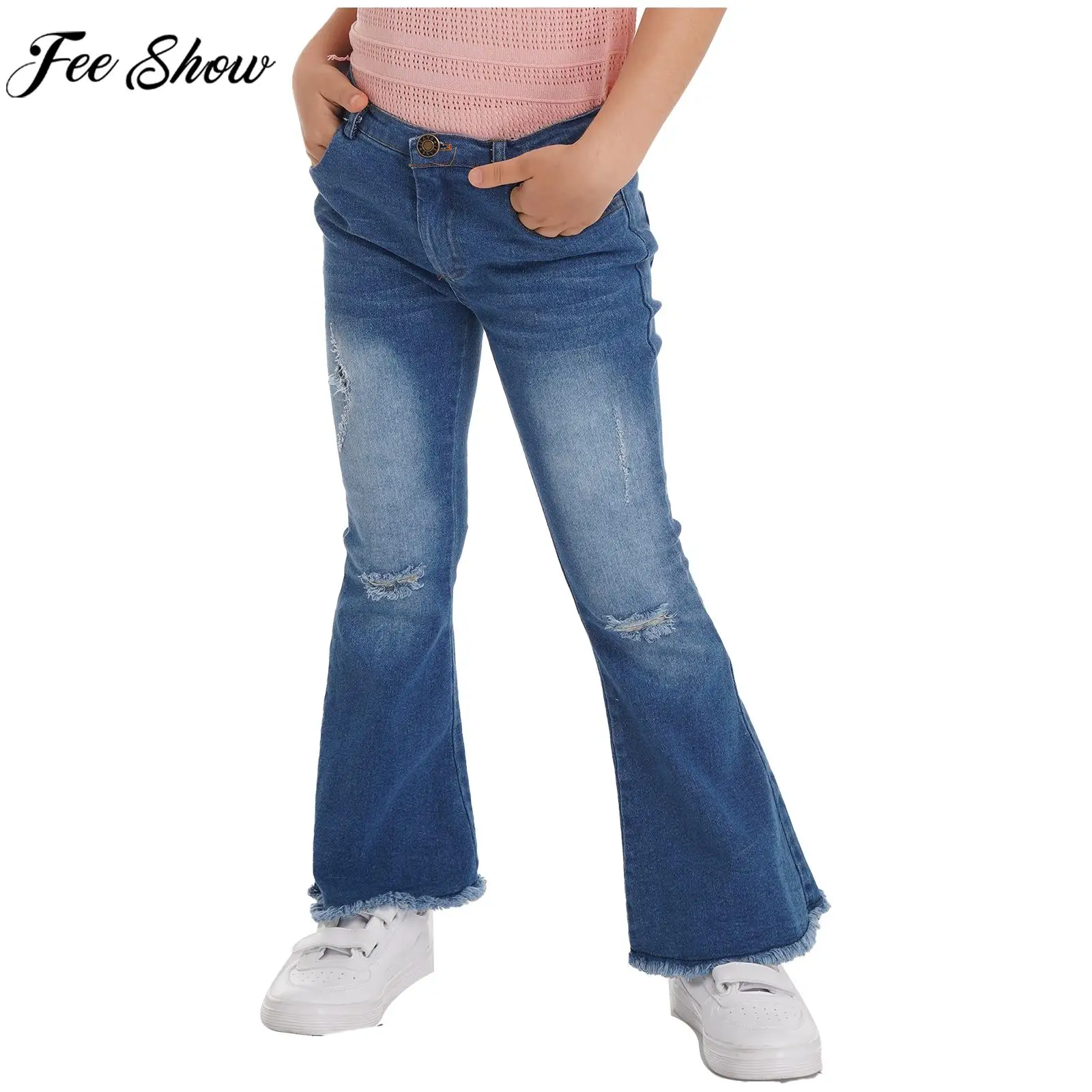 Buy Women's Ripped Distressed Bell Bottom Jeans High Waist Bootcut Flare  Wide Leg Casual Loose Denim Pants (Blue, Medium) at Amazon.in