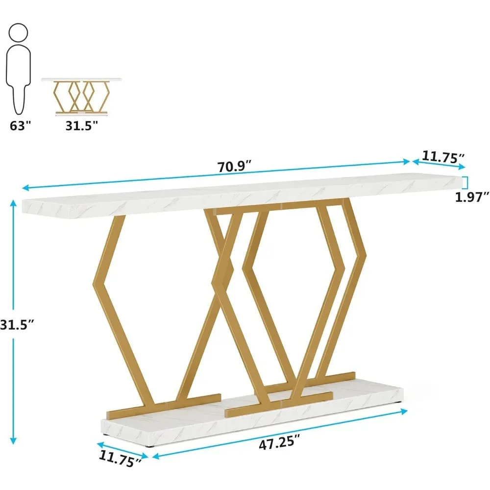 70.9 Inch Extra Long Sofa Table White and Gold Console Table with Faux Marble Tabletop,Modern Long Entryway Table Gold Frame 3