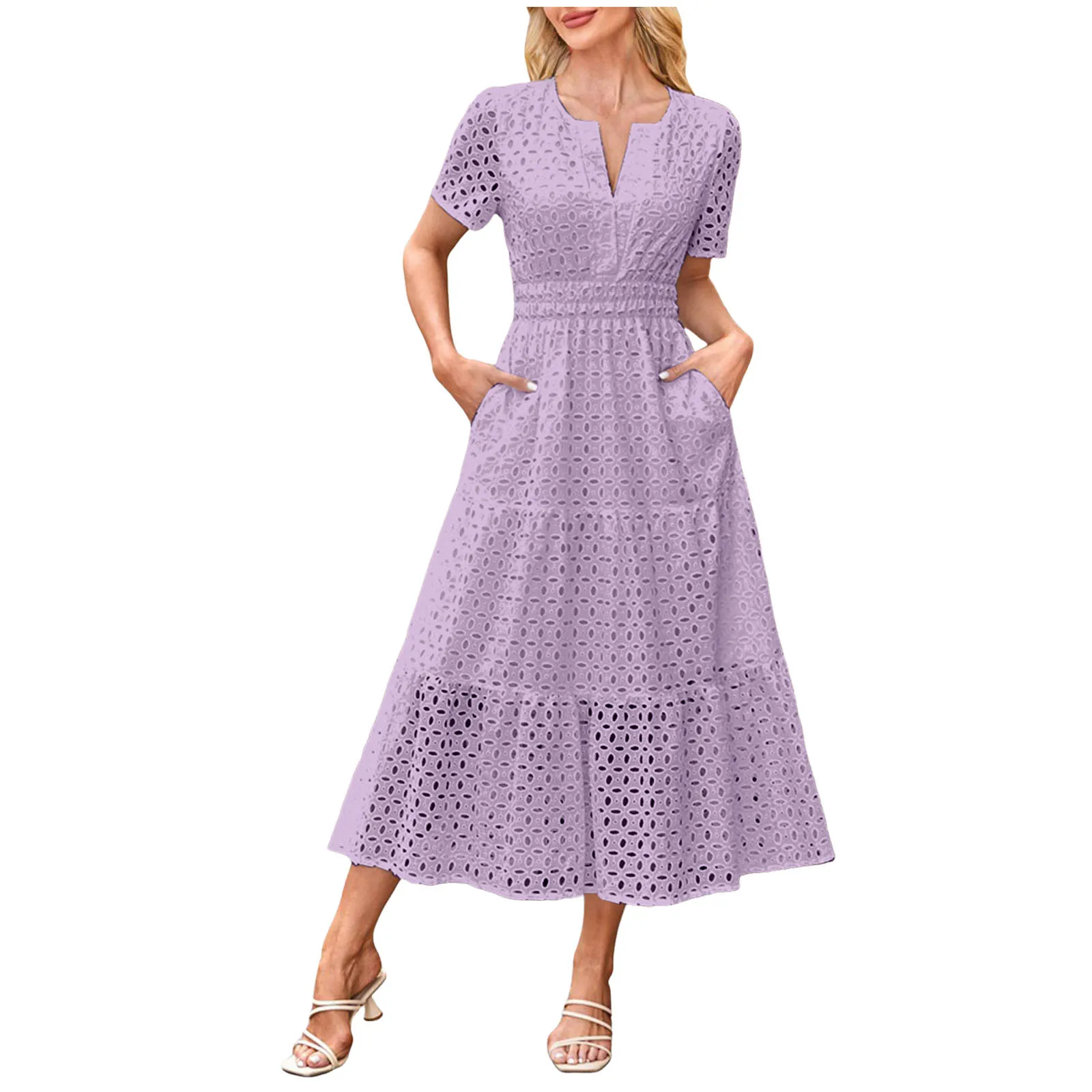 Cocktail Dresses For Women Short Sleeve High Waist Maxi Dress Sexy V Neck Hollow Long Dress Ruffle Hem A Line Dress With Pockets