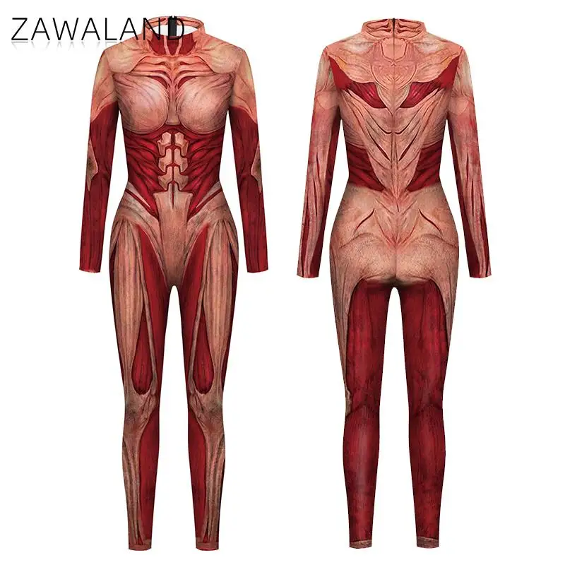Cosplay Costume-Zawaland Halloween 3D Printing Body Muscle Jumpsuits for Adult Skeleton Performance