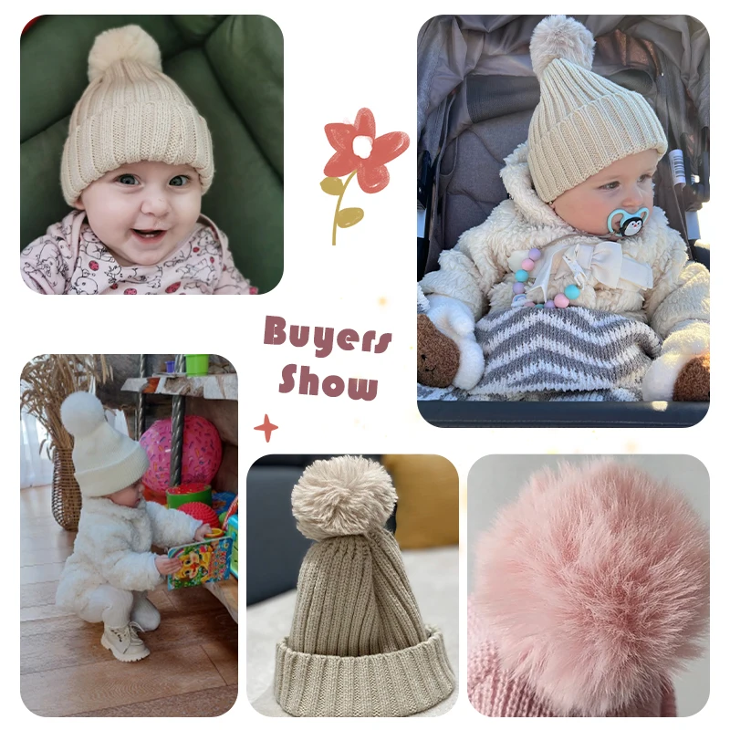 Fluffy Fur Ball Baby Beanie Winter Warm Kids Skullies Cap 2-6year Children Woolen Crochet Bonnet Solid Color Toddler Knitted Hat 3