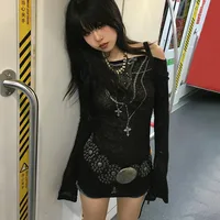 Karrram japonais Y2k hauts tricotés Grunge tatouage imprimé T-shirt à manches longues côtelé Vintage Harajuku froncé tricots années 2000 gothique 4