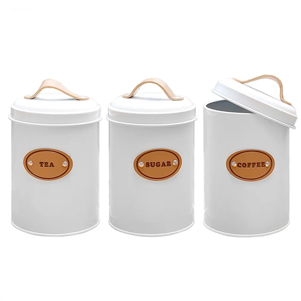 

3pcs Sugar Tea Coffee Jars Kitchen Storage Bottles Metal Canister Box Organizer Candy Sealed Cans Box With Lids White Black