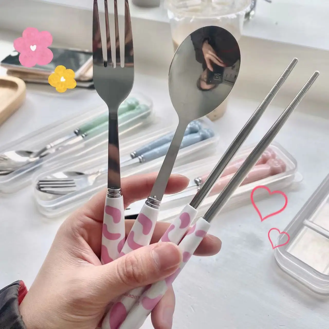 Cartoon Cow Portable Stainless Steel Tableware Cute Gift Set Spoon Three-Piece Including Chopsticks