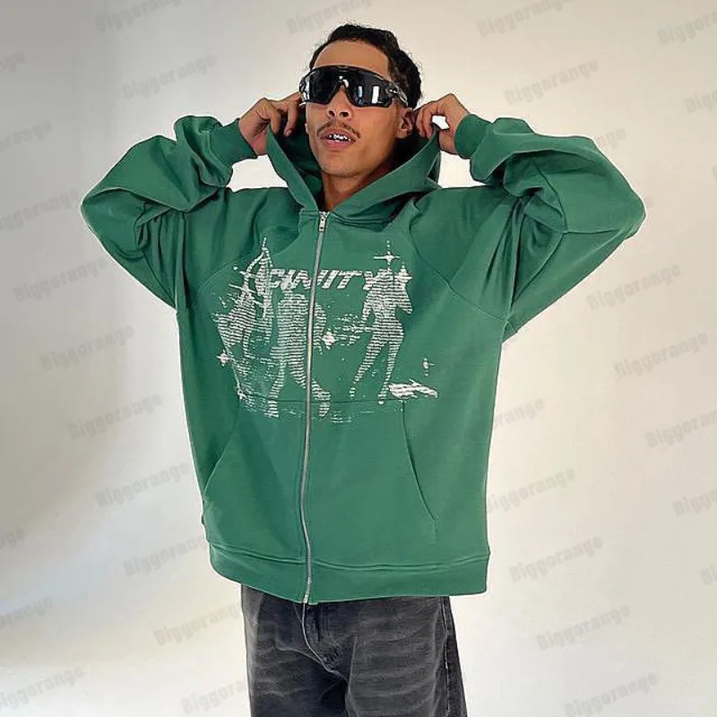 

Y2k Trendy Gothic Rock Bone Print Oversized Hoodie Men's Retro Spring Autumn Street Hip-Hop Loose Zipper Sweatshirt Women's