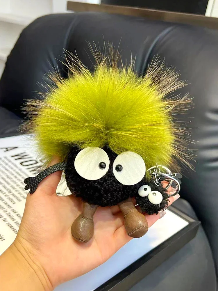 15cm Cute Cartoon Wool Small Coal Ball Car Keychain Real Raccoon Fur Pendant Elf Plush Ball Bag Pendant Hobby Collection Gift