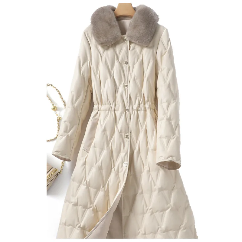 Women's Winter Mid Length Leather Coat, Black Lace Up Waist Collection, Temperament Mink Collar, White Duck Down Coat