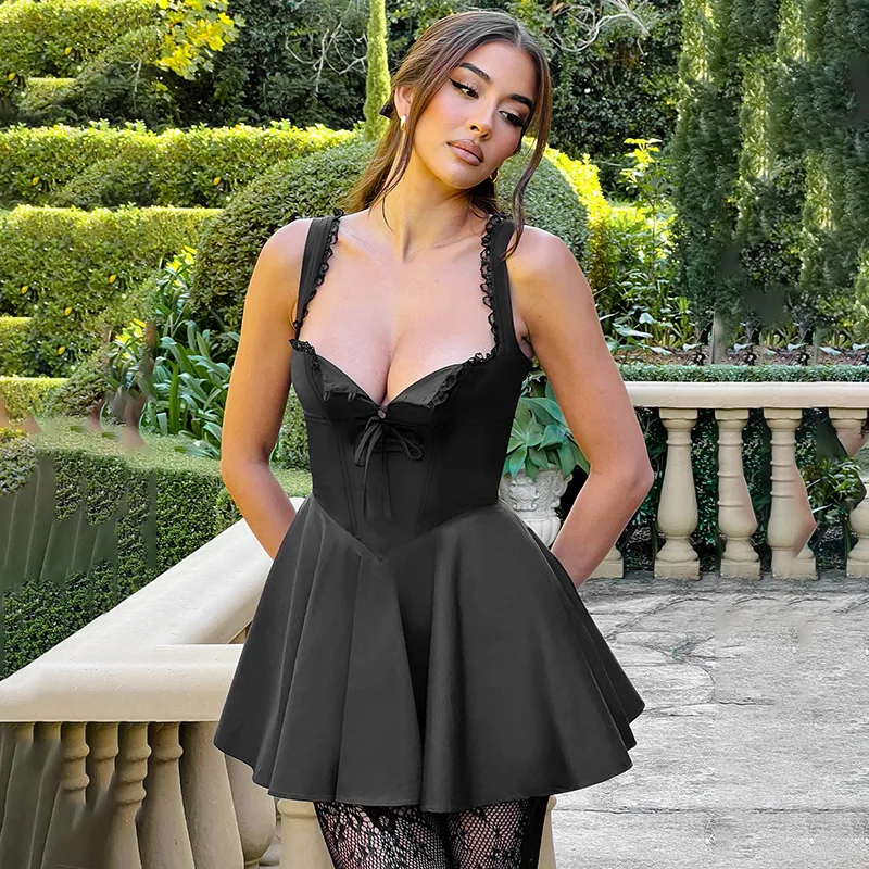 Damenkleid Neuer Stil Sexy Spitze V-Ausschnitt Europäisch-Amerikanisch Einfarbig Sommer Spaghetti-Träger Mode Retro Patchwork Figurbetont Elegantes Damen-Party-Abendkleid – Detail 10