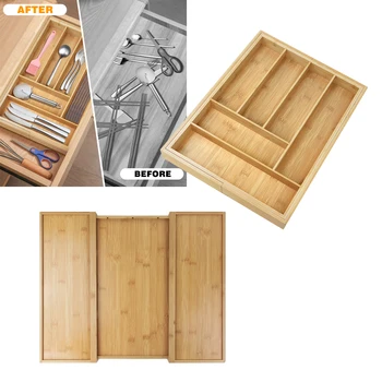 Expandable Bamboo Cutlery Tray 6-8 Compartments Kitchen Utensils Small Extra Deep Drawer Divider 1