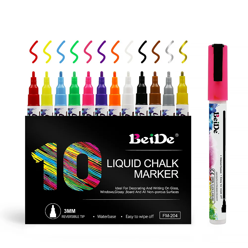 Fine Tip Liquid Chalk Markers for Chalkboard Signs, Blackboard, Window, Labels, Bistro, Glass, Car (12 Pack 1/3mm) - Wet Wipe