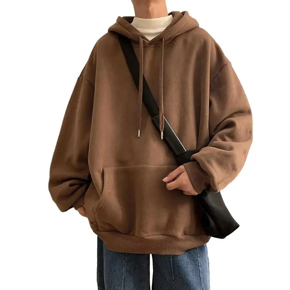 

Men Fall Winter Hoodie Drawstring Big Patch Pocket Loose Pullover Long Sleeve Solid Color Hooded Elastic Cuff Streetwear Hoodie