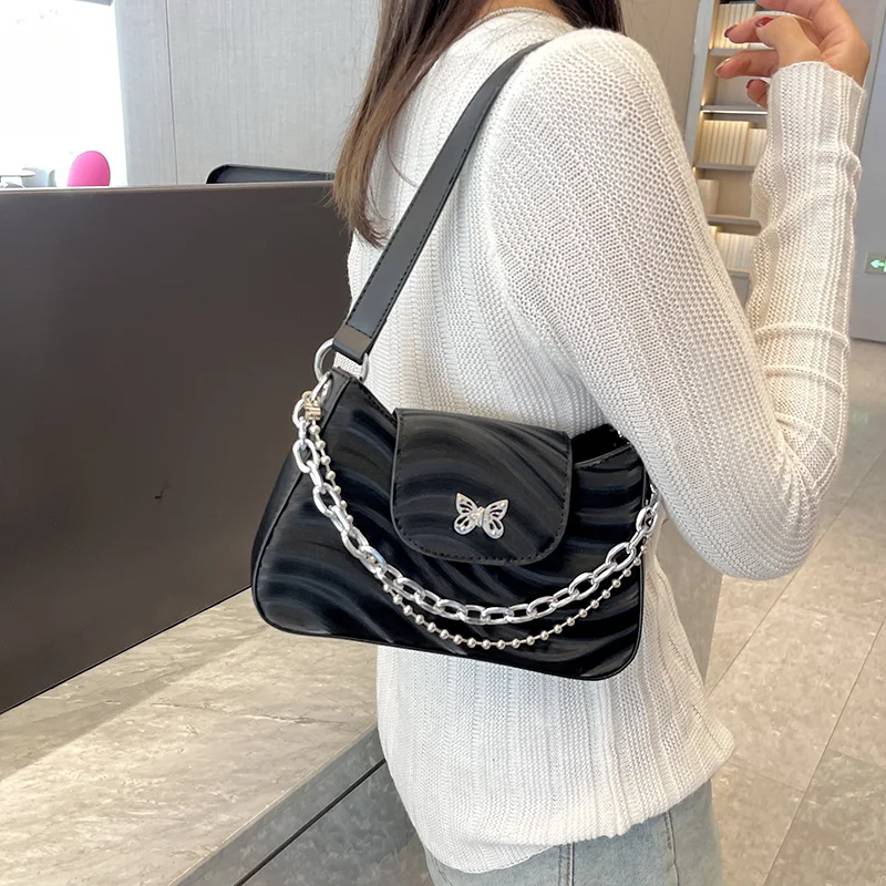 Elegant Chain PU Women Shoulder Bag Fashion Simple Stripe Messenger Bag Woman High Quality Underarm Handbag Ladies Y2k Purse