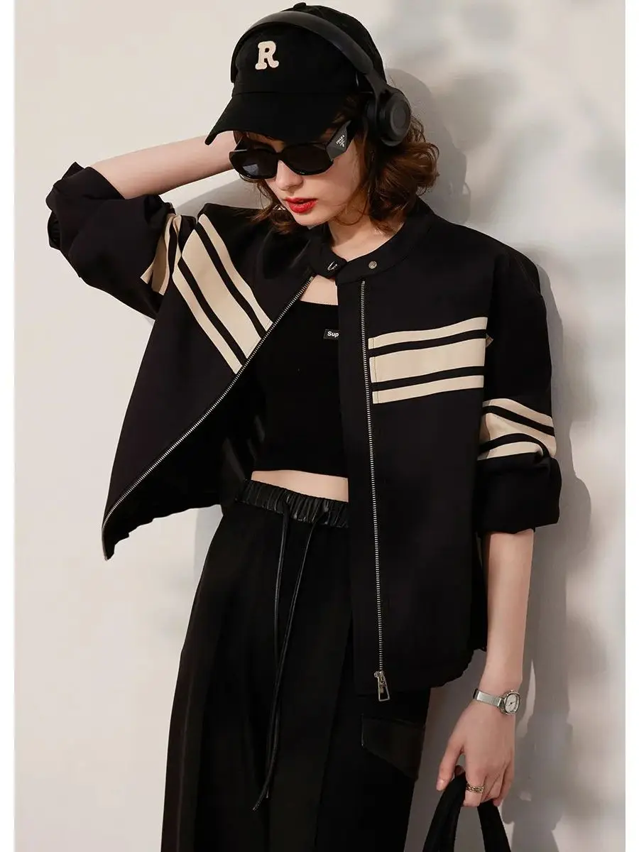 LOUIS YAO Women Jacket 2024 Spring New Round Neck Long Sleeve Contrast Color Striped Loose Fit Fashionable Women's Coat