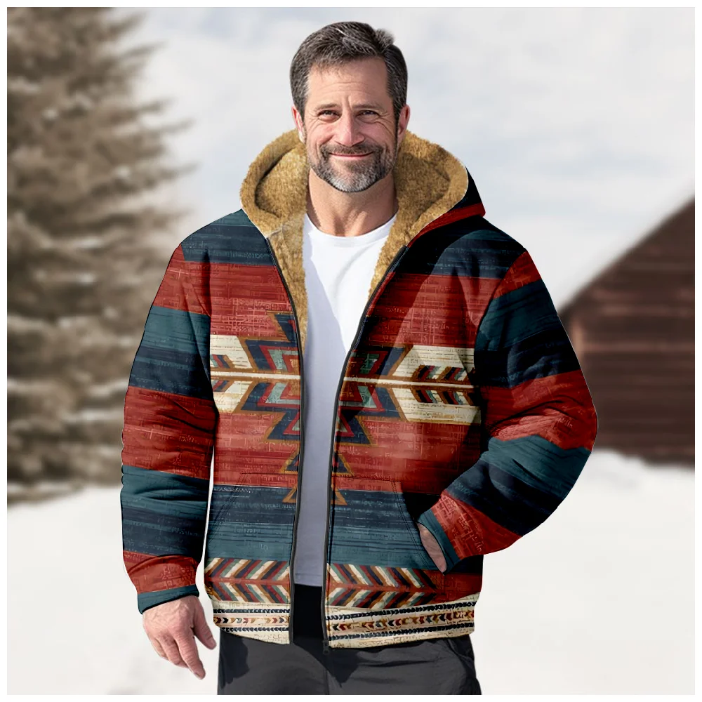 Men's Zipper Hoodies Winter Fleece Parka Coat Vintage Traditional Tribal Graphics Jacket Sweatshirts Daily Zip-up Oversized