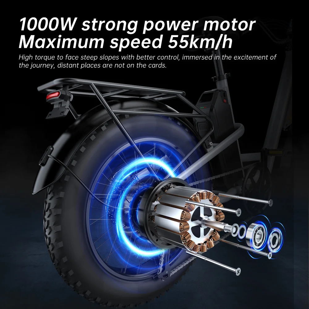EKX L1 Adult Electric Bike 1000W Motor（1400W peak）34MPH, 48V 15.6Ah Removable Battery With 20''4.0 Fat Tire 7 Speed Urban Ebike 4