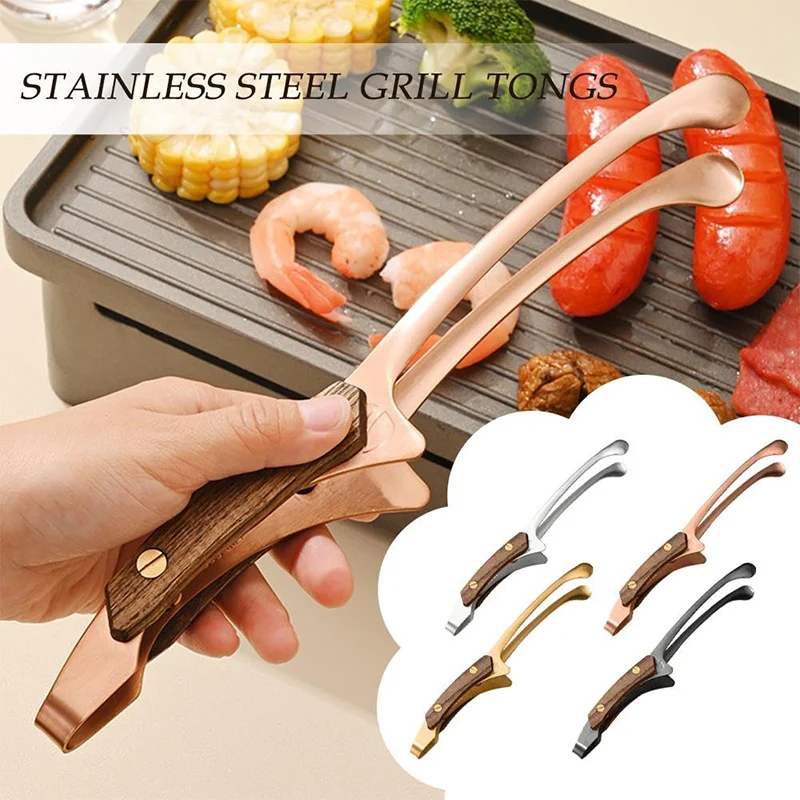 Food Tong Heat Insulated Anti-Scalding Grill Meat Clip Easy To Clean Wooden Handle Stainless Steel Tea Clamp BBQ Tool