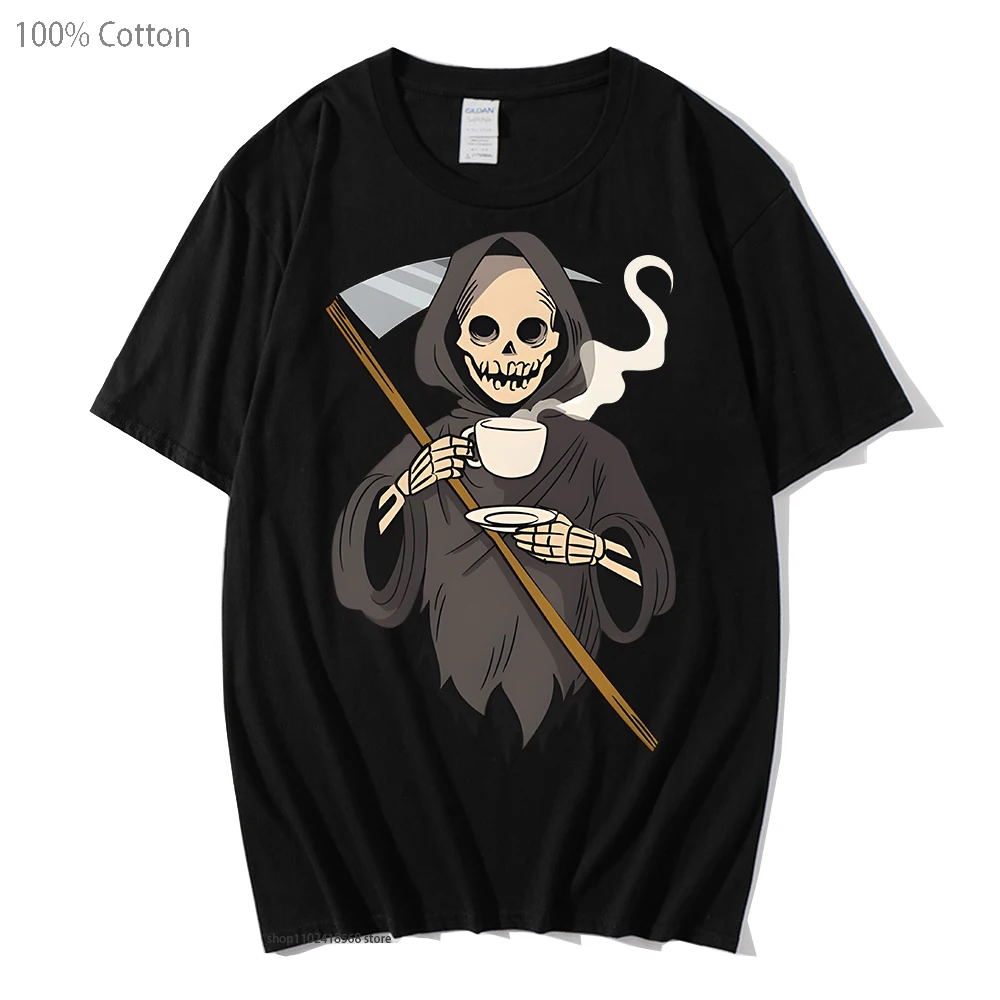 

Футболка Grim Reaper Coffee Break, Мужская футболка, женские топы, готические повседневные футболки из 100% хлопка с коротким рукавом, одежда в стиле K-POP, летняя футболка