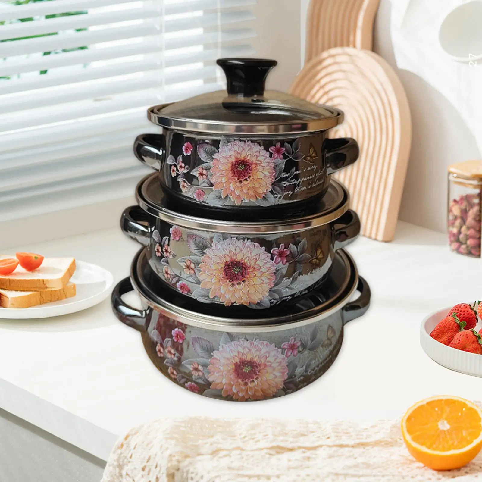 3x Enamel Stockpots Set Cookware Cooker Enamel Pots for Restaurant Home 3x Enamel Stockpots Set Cookware Cooker Enamel Pots for Restaurant Home