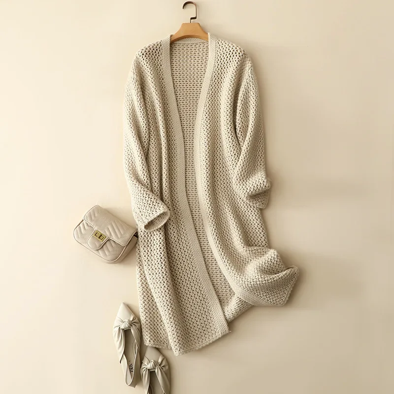 

Высококачественный Открытый кардиган из 100% кашемира, длинное пальто, женская вязаная элегантная зимняя модная верхняя одежда, рождественские Яркие топы