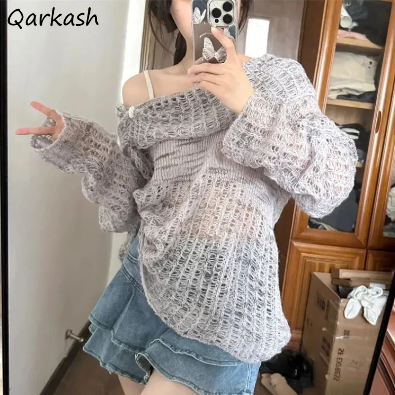 

Slash Neck Pullovers Women Sweater Hollow Out Long Sleeve Sunscreen Hot Girls European Streetwear Vintage Temper Knitwear Casual