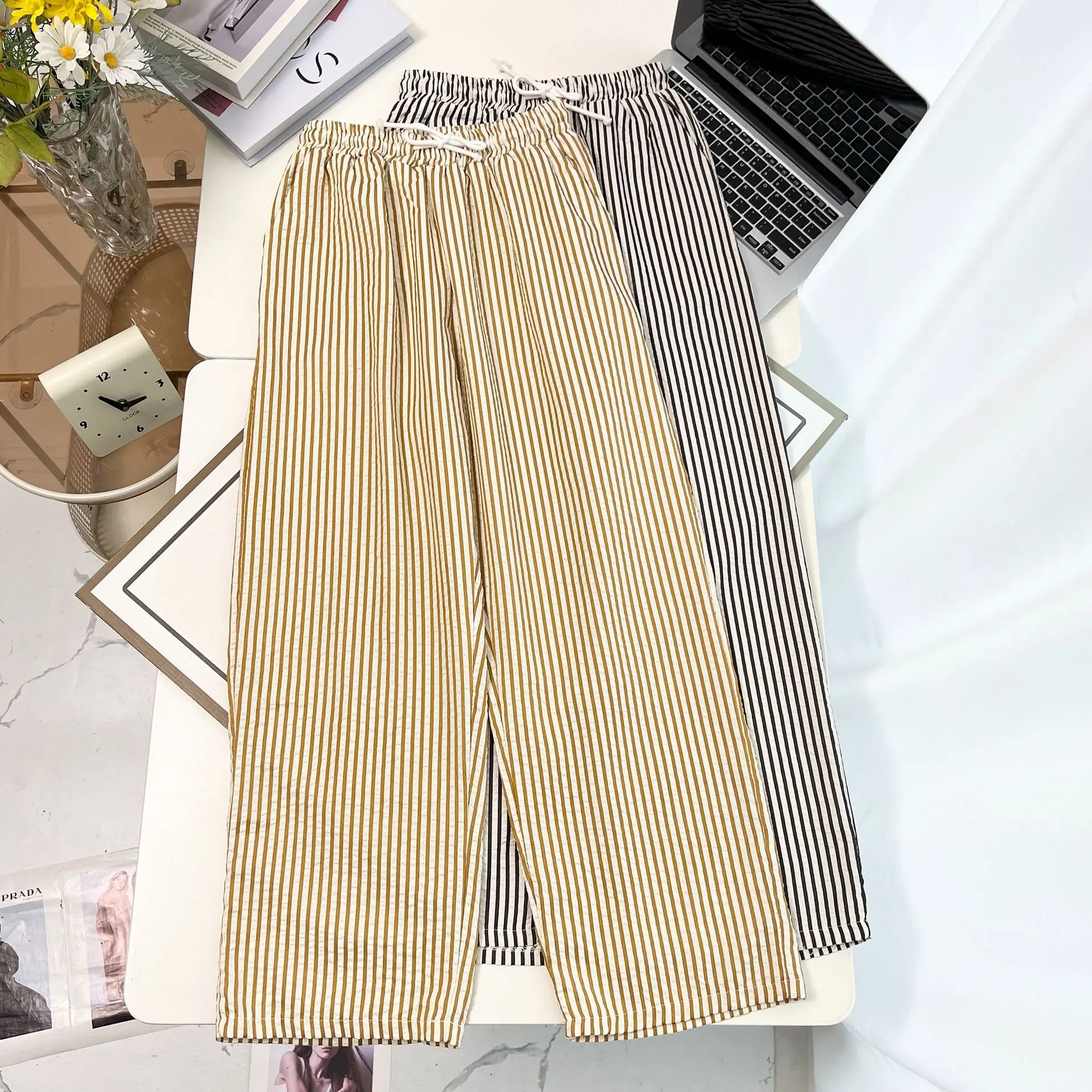 Fashion Plus Size Women's Straight Pants Autumn New Style Casual Loose Washed Striped Full Length Trousers 1701