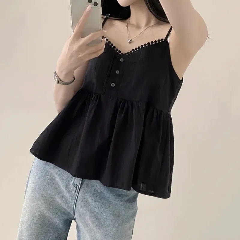 Cute Ruffle Patchwork f Open Collar Tee Button Strap Vest Spring Summer Faion Ladies' Tank Top Polyester Fiber 00%