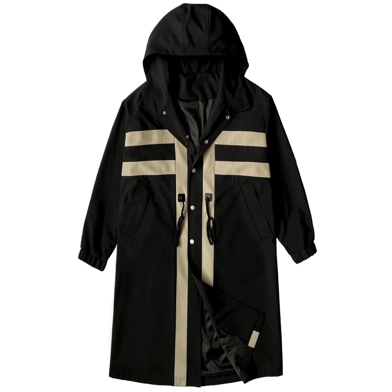 2024 Spring Mens Windbreaker Trenchcoat Patchwork Color Medium Long Korean Covered Button Hooded Trench Outwear
