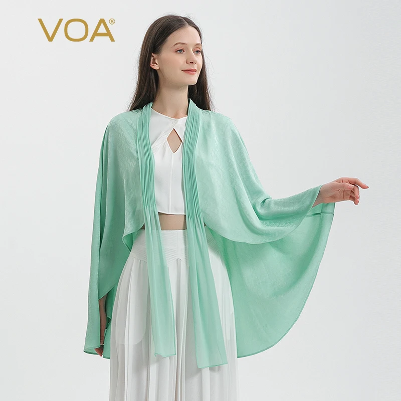 VOA-자카드 뽕나무 실크 그린 여성용 자켓, 스플라이스 조젯 실크 아코디언 플리츠 러플 커프스 케이프 실크 코트 WE193