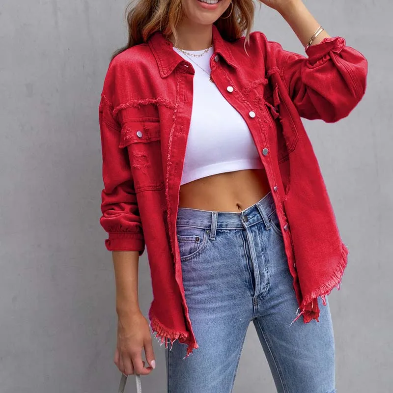 

Осень 2024, женские джинсовые куртки, Женский неоновый Кардиган с длинным рукавом и отложным воротником, уличные Женские повседневные пальто с карманами и дырками H349