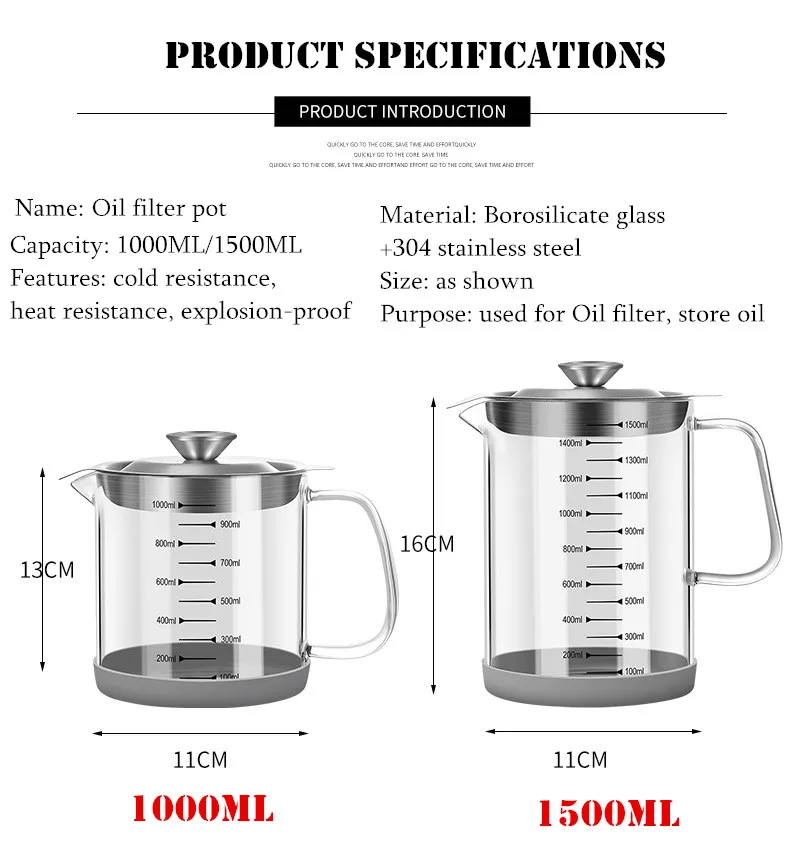 Description Picture 4 of itemTransparent Glass Oil Filter Pot with Scale Kitchen Oil Separator Storage Tank Fine Mesh Strainer Grease Container Home Gadgets