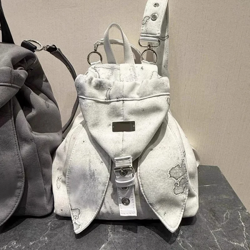 Vintage Cute Rabbit Ears Backpack Women's Small Unique Design Drawstring Simple Large Capacity Crossbody Shoulder Bag