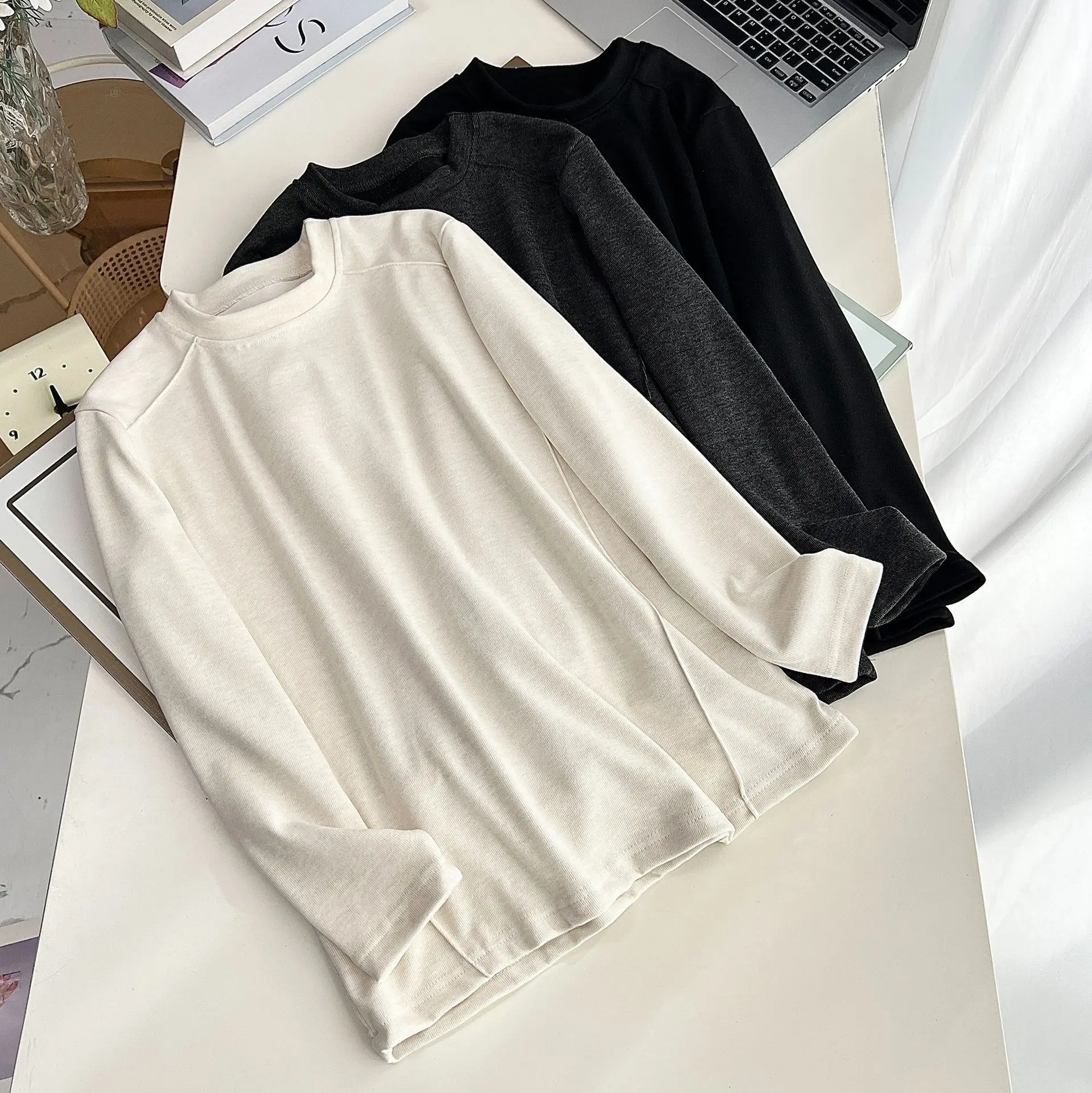 XXXXL Fashion Plus Size Woman Clothing T-Shirt Basic Solid Color three-dimensional Cut Fleece Warm Tops Autumn Winter 2523