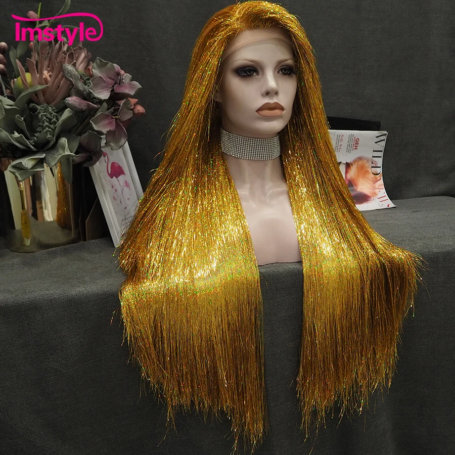 Synthetic Wig Full Tinsel Wig Lace Front Gold Red Long Straight Silver Gray For Party
