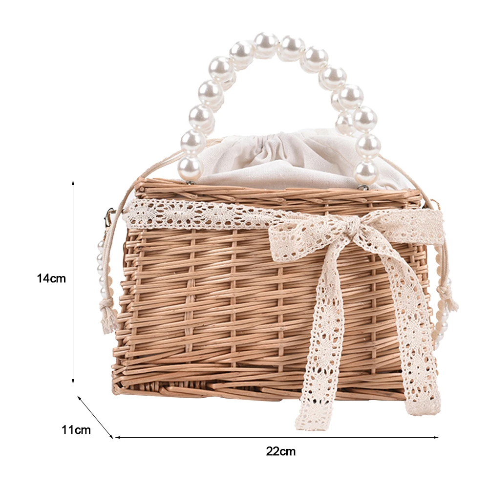 Retro Women Rattan Handbags Woven Lace Pearl Chain Drawstring Small Basket Shoulder Bags Small Beach Women Summer Bags