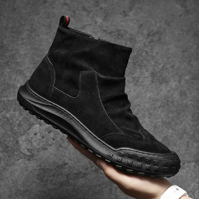Men's Boots High Cut Workwear Shoes Autumn 2025 Flat Zipper Pleated Non Slip Comfort Thick Soled Wear-resistant Fashion Boots