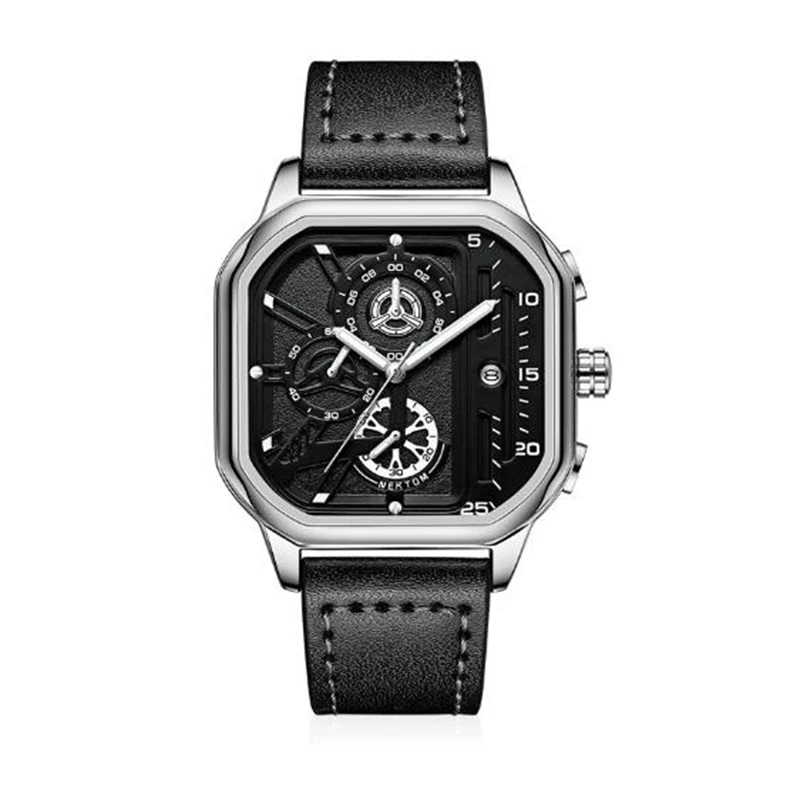 NEKTOM 2022 New Watches Square Sport Mens Watches Waterproof Full Leather Quartz Gold Clock Man Watches Luminous Wristwatch 