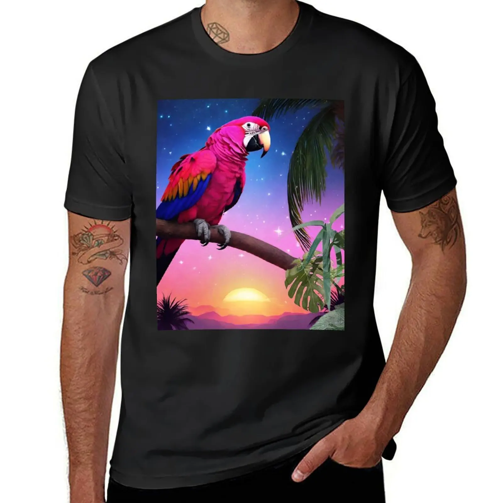

Beautiful parrot and palms at evening, sky fall of stars, exotic vibes T-Shirt tops blanks men clothings