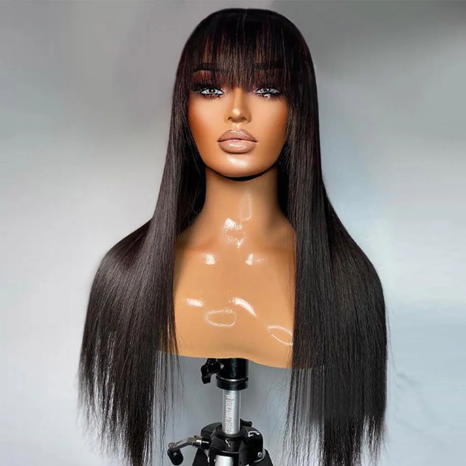 

30 Inch Full Machine Made Human Hair Wig With Bangs Brazilian Straight Hair Wigs For Black Women Cheap Short Bob Wig 150 Density