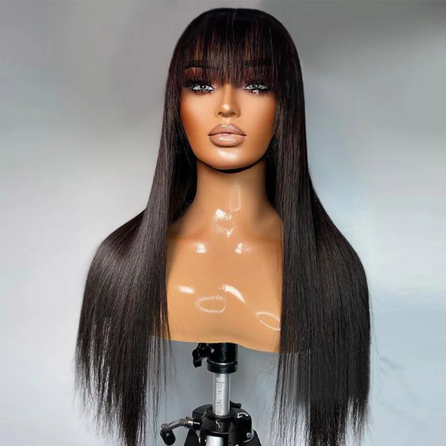 30 Inch Full Machine Made Human Hair Wig With Bangs Brazilian Straight