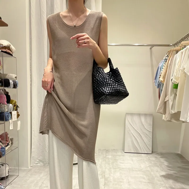 

Hollow Out Split Design Long Dress For Women Round Neck Sleeveless Knitted Pullover Sun Prevention Clothing 2023 Summer New P844