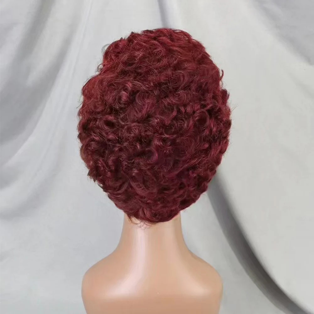 13x4 Lace Frontal Short Pixie Cut Curly Wave 99J Color Human Hair Wigs 180% Density Human Hair Wig for Black Women