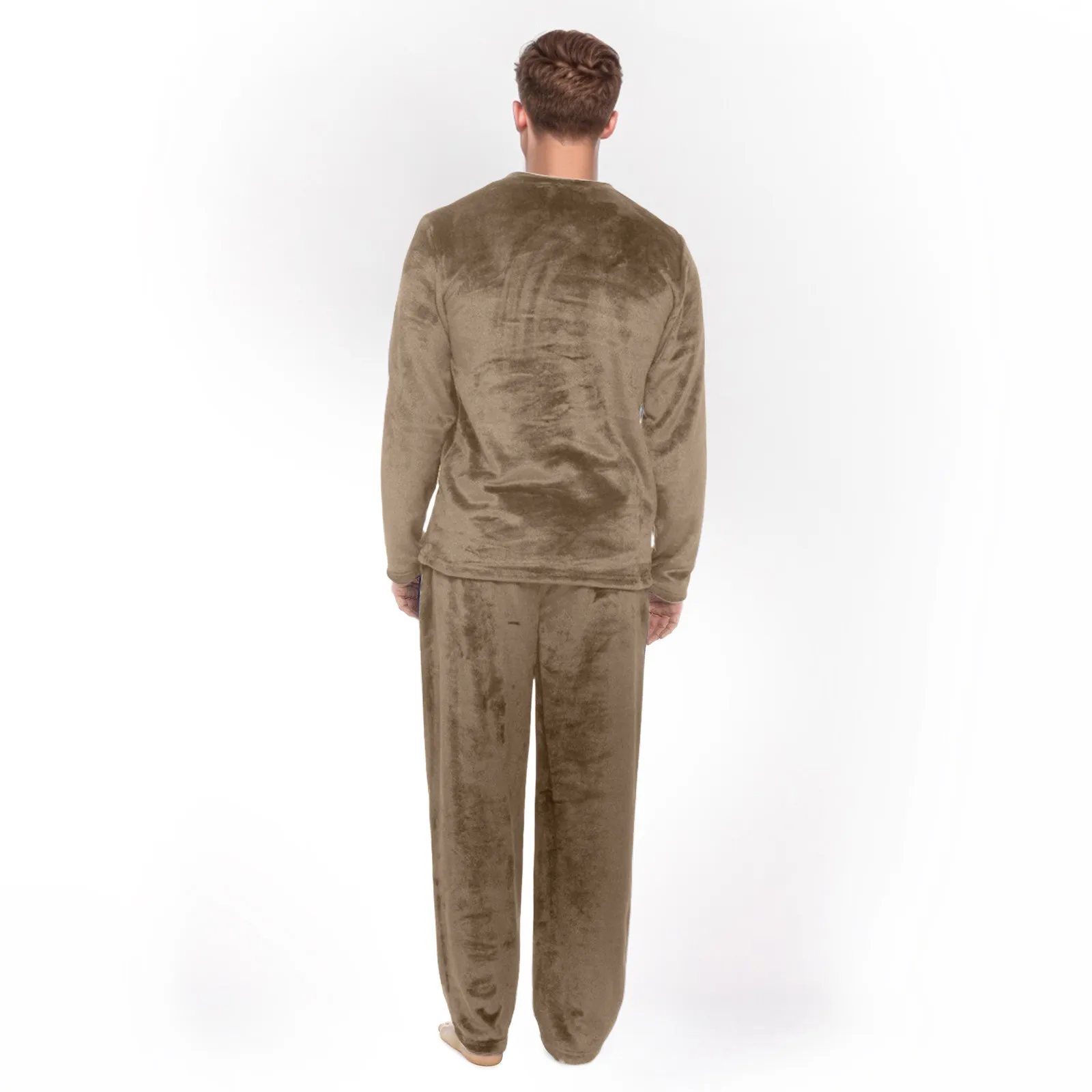 Men's Autumn Winter Warm Coral Velvet Pajama Suit Solid Color Sleepwear Fleece 2 Piece Set Long Sleeve Pullover Tops + Pants Sets man pajamas set