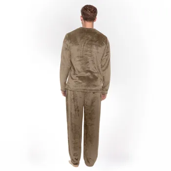 Men's Autumn Winter Warm Coral Velvet Pajama Suit Solid Color Sleepwear Fleece 2 Piece Set Long Sleeve Pullover Tops+Pants Sets 2