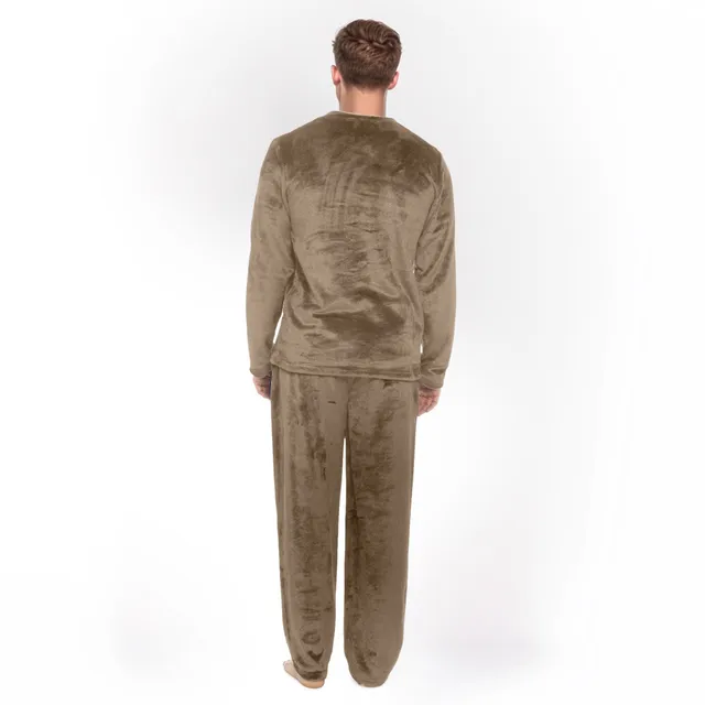 Men's Autumn Winter Warm Coral Velvet Pajama Suit Solid Color Sleepwear Fleece 2 Piece Set Long Sleeve Pullover Tops+Pants Sets 2