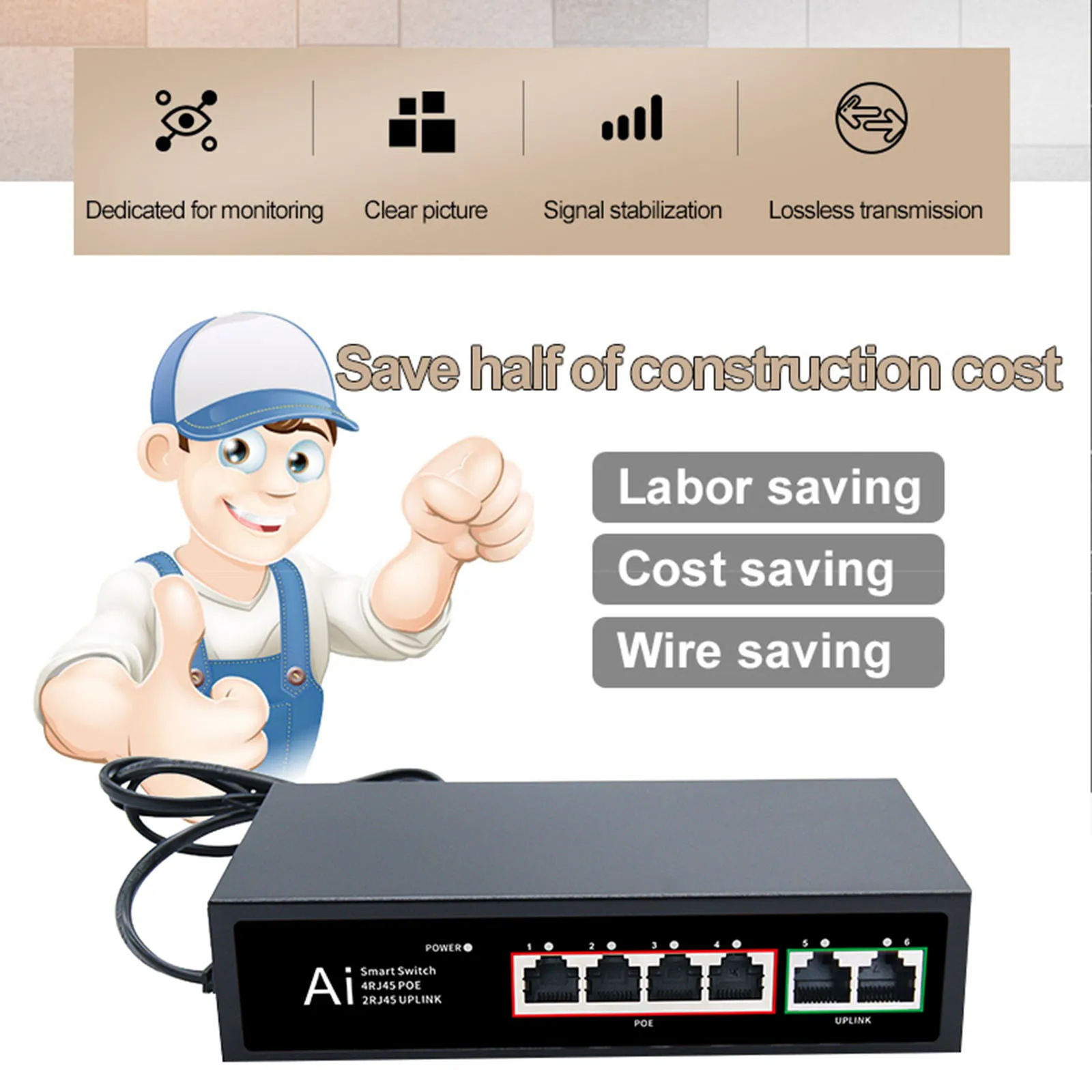 TEROW 이더넷 네트워크 고속 스위치, IP 카메라, 와이파이 라우터용, 표준 PoE 스위치, 4 PoE + 2 UpLink, 100Mbps 스마트 스위치, 6 포트