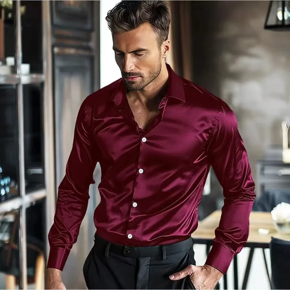 Description Picture 6 of itemFEGKZLI High-quality American Style Glossy Men's Silk Glossy Shirts Long Sleeve Shirt Cross-border Business Tuxedo Shirts Shirts