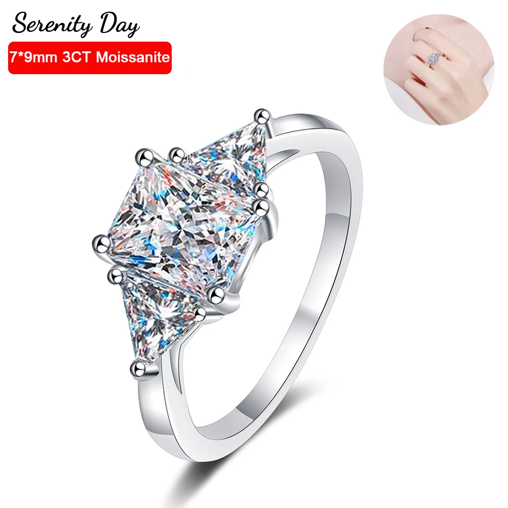 

Serenity Day S925 Sterling Silver Inlaid D Color 3CT 7*9mm Emerald Radiant Cutting Shaped Moissanite Ring For Women Fine Jewelry