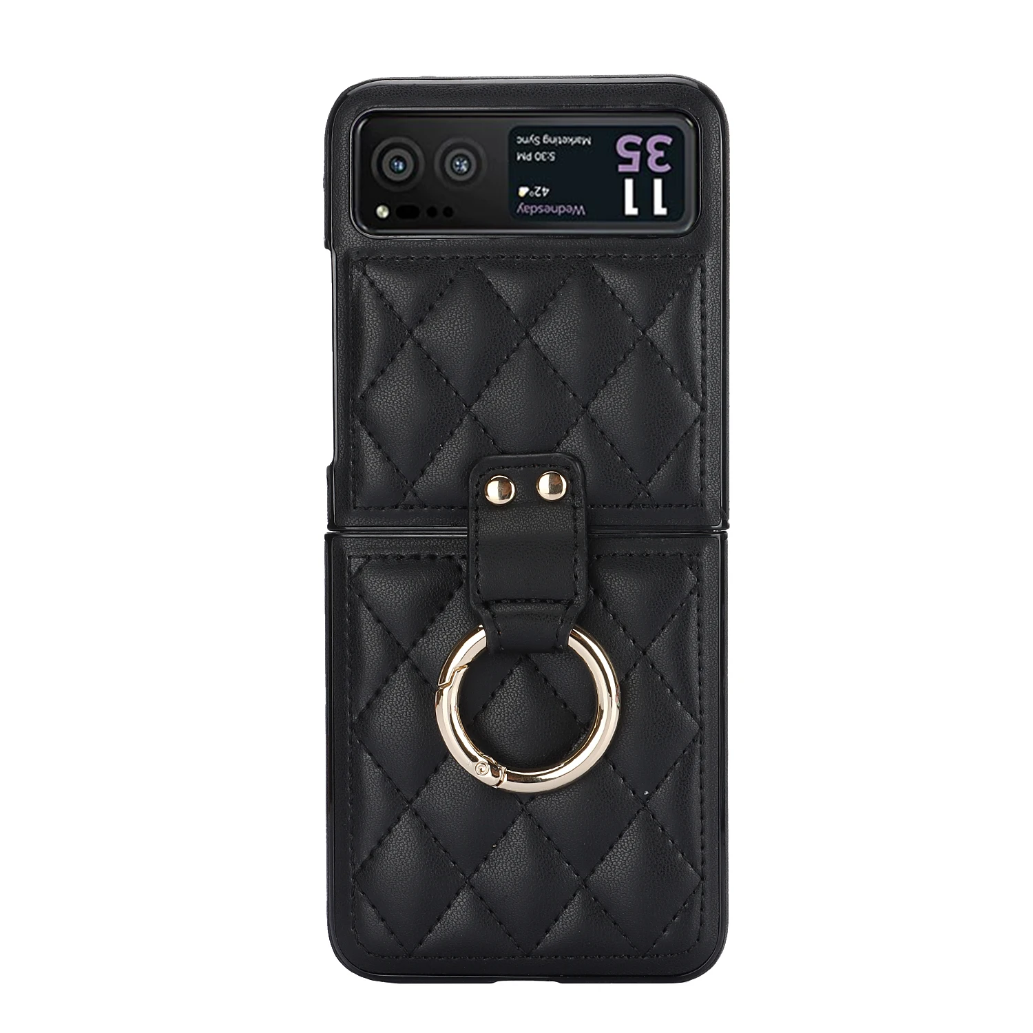 Luxury Fashionable Quilted PU Leather Phone Case with Metal Ring - Fall Prevention Design