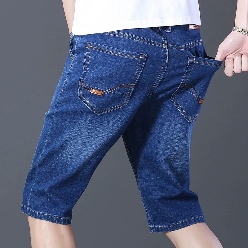 2023 blue soft denim shorts men's summer elastic lightweight denim knee length shorts sports casual straight pants